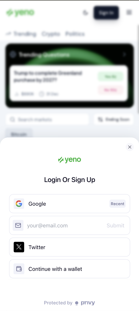 YeNo login and sign up screen