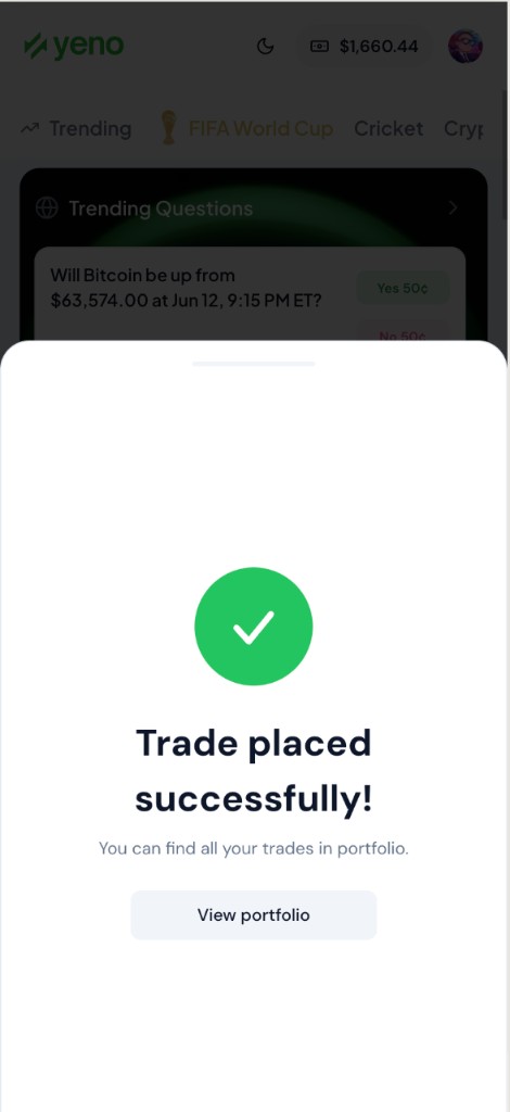 Trade placed successfully confirmation